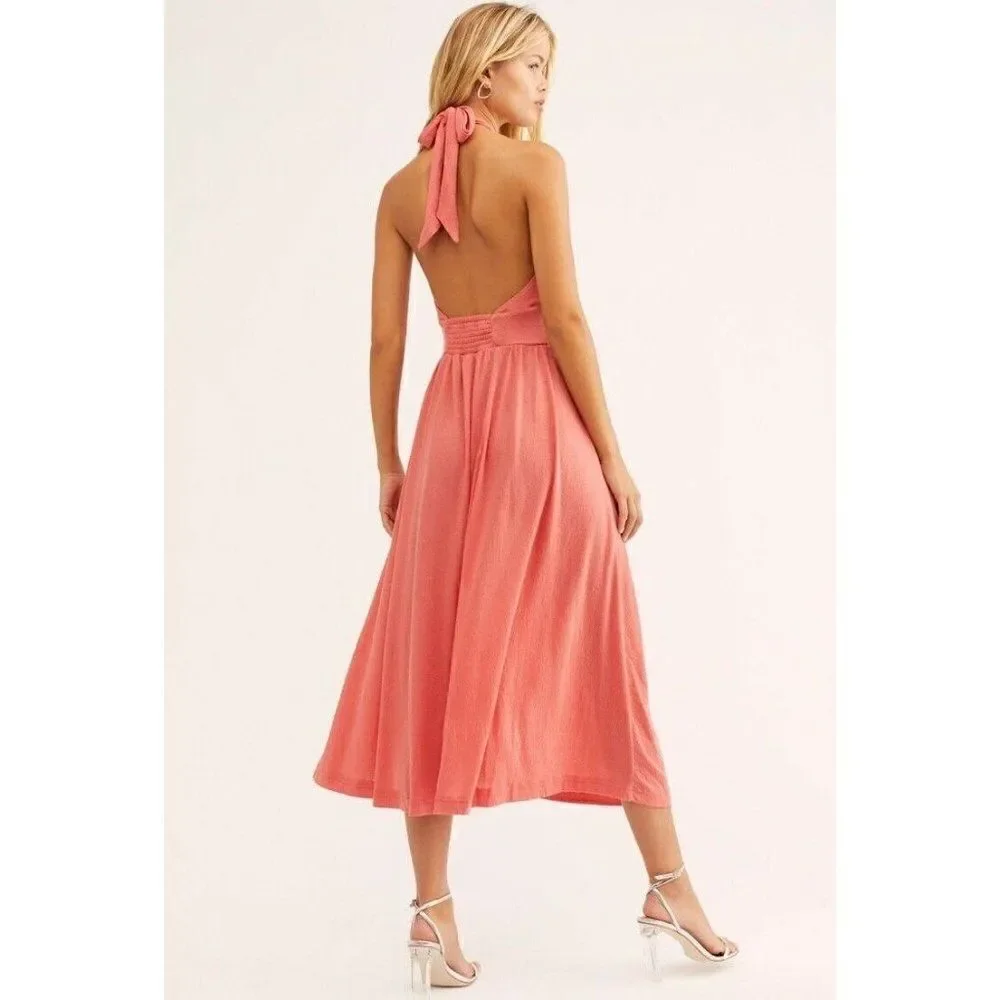 NEW FREE PEOPLE FP BEACH Sz S BONITA TEXTURED HALTER MIDI DRESS PRAIRIE ROSE